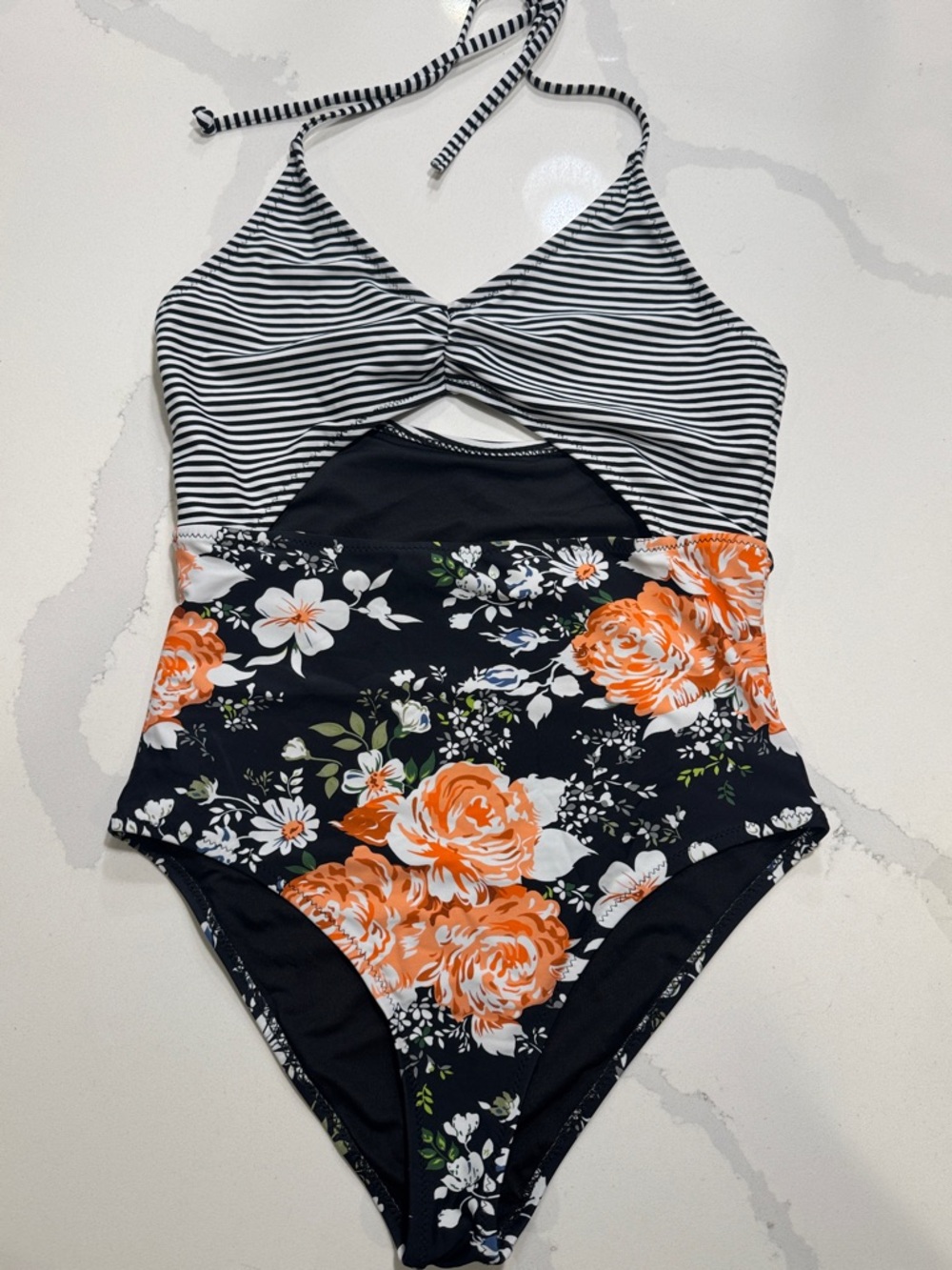 Cupshe Black & White Stripe Halter One-Piece with Orange Floral Print